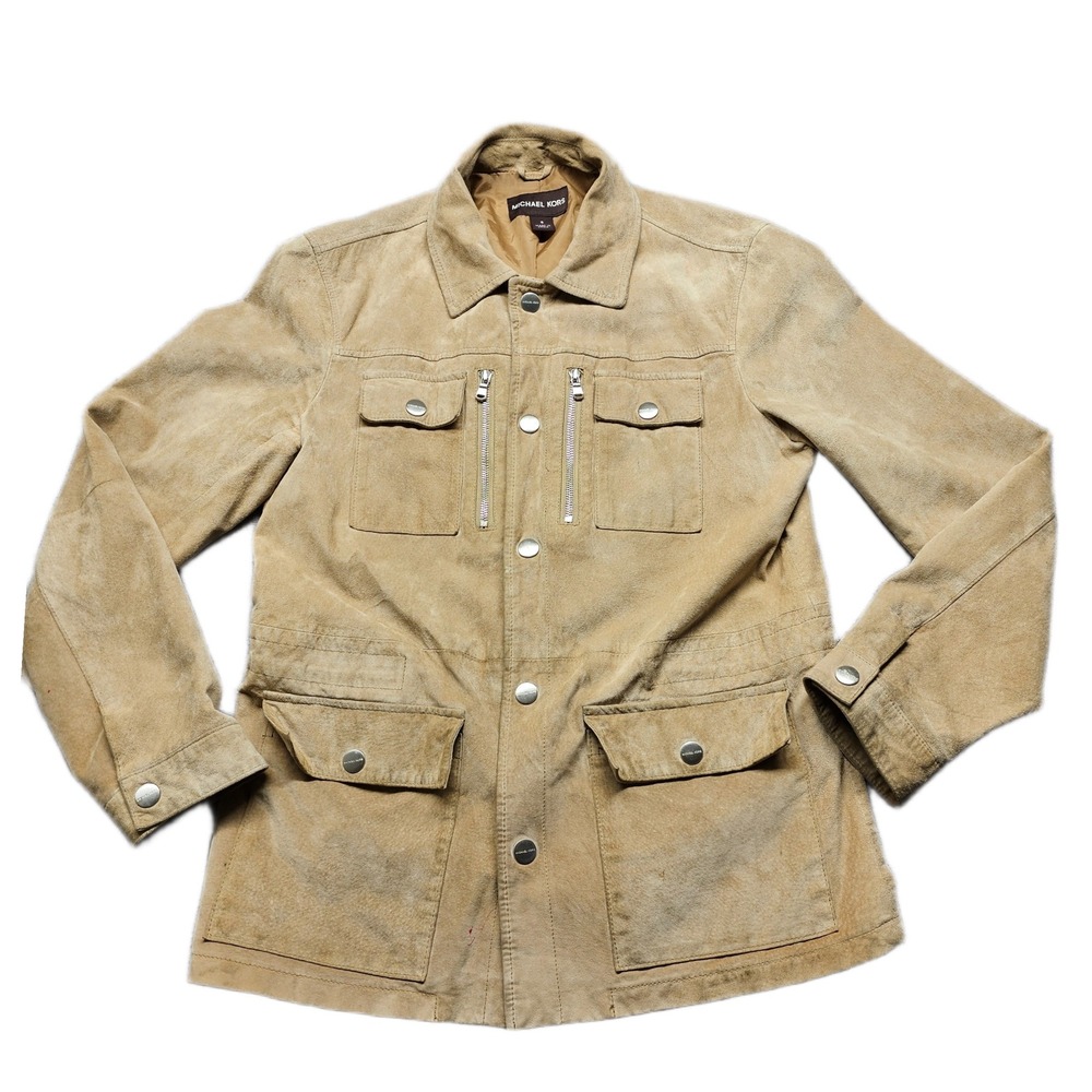Michael Kors Genuine Suede Leather Utility Safari Jacket Womens S Tan Snap Front